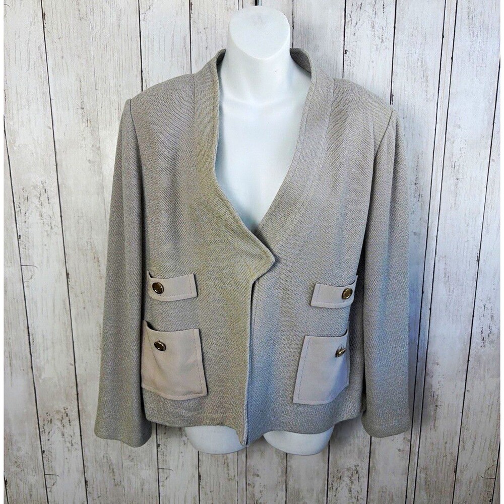 Vintage St. John Women's Gray Open Front Jacket Button Pockets  Size 14